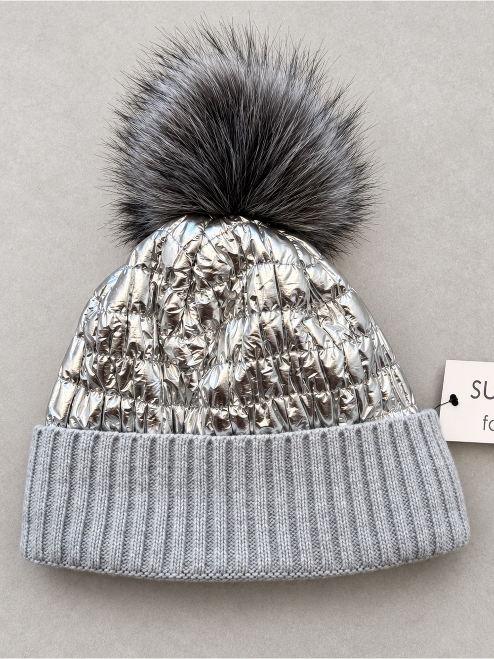 New Surell Silver Winter Beanie with Faux-Fur Pom-Pom